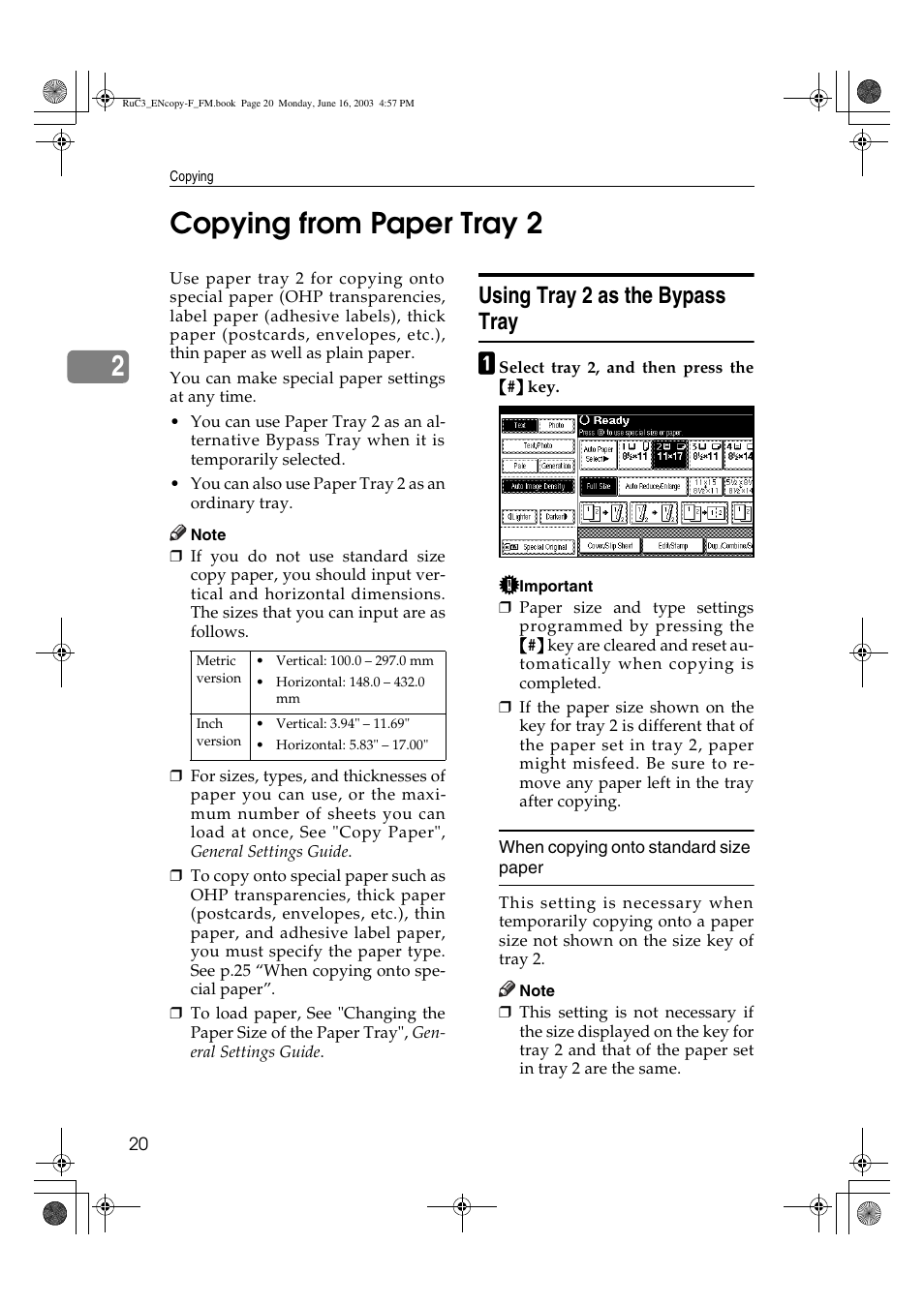 2copying from paper tray 2, Using tray 2 as the bypass tray | Savin 4027 User Manual | Page 30 / 132