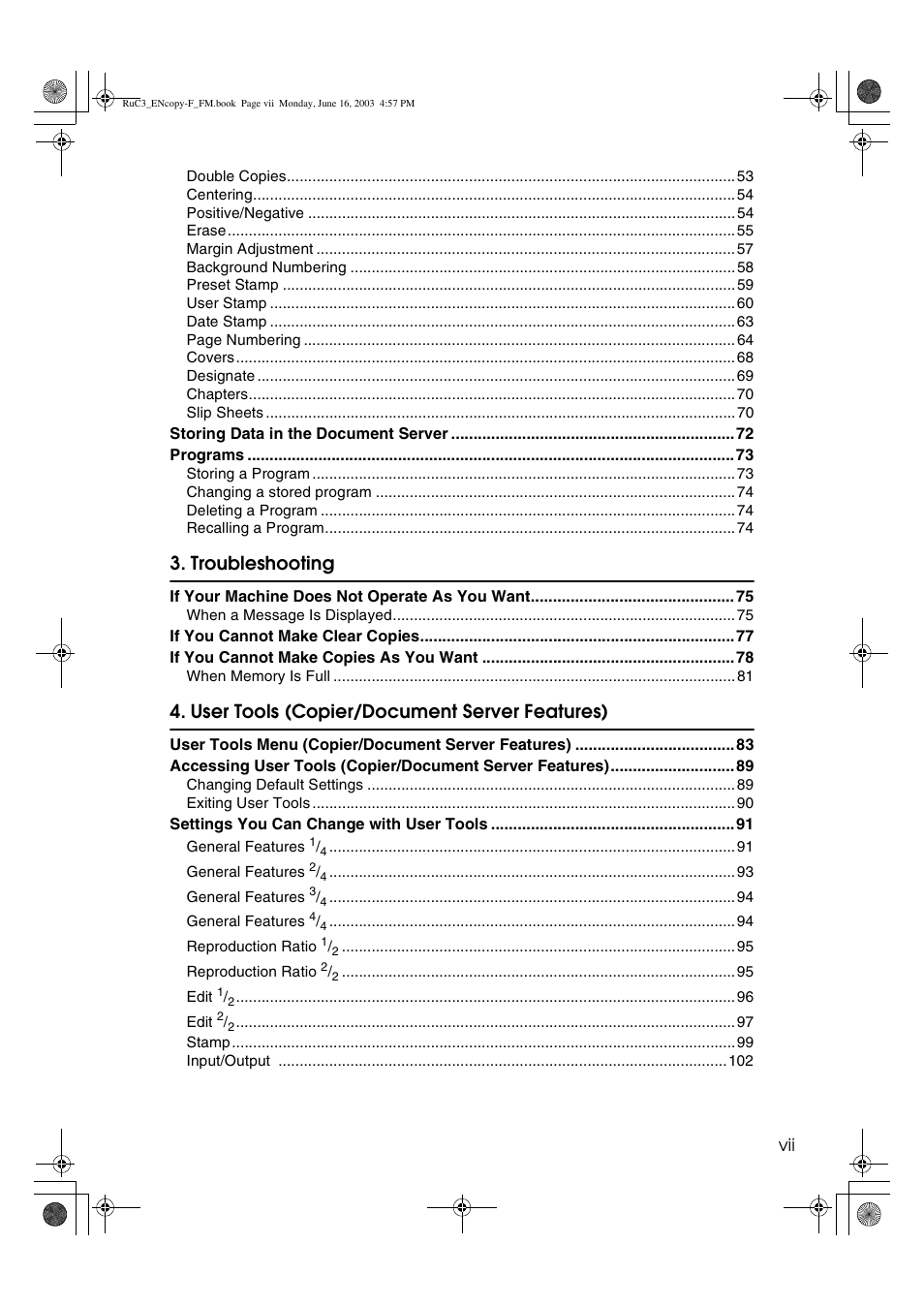 Troubleshooting, User tools (copier/document server features) | Savin 4027 User Manual | Page 9 / 132