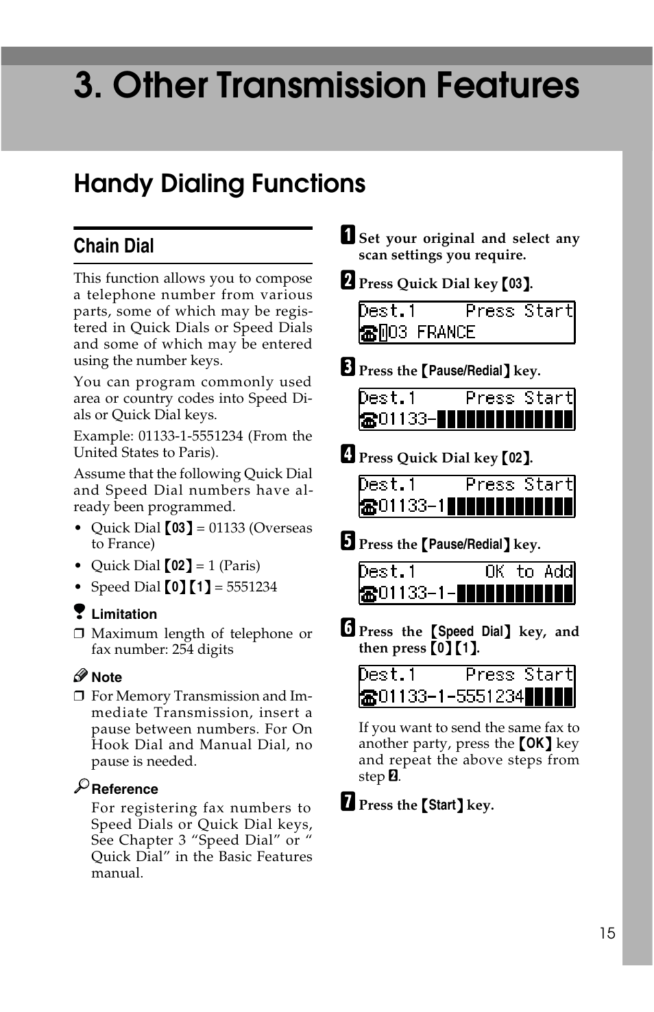 Other transmission features, Handy dialing functions, Chain dial | Savin G1619 User Manual | Page 103 / 176