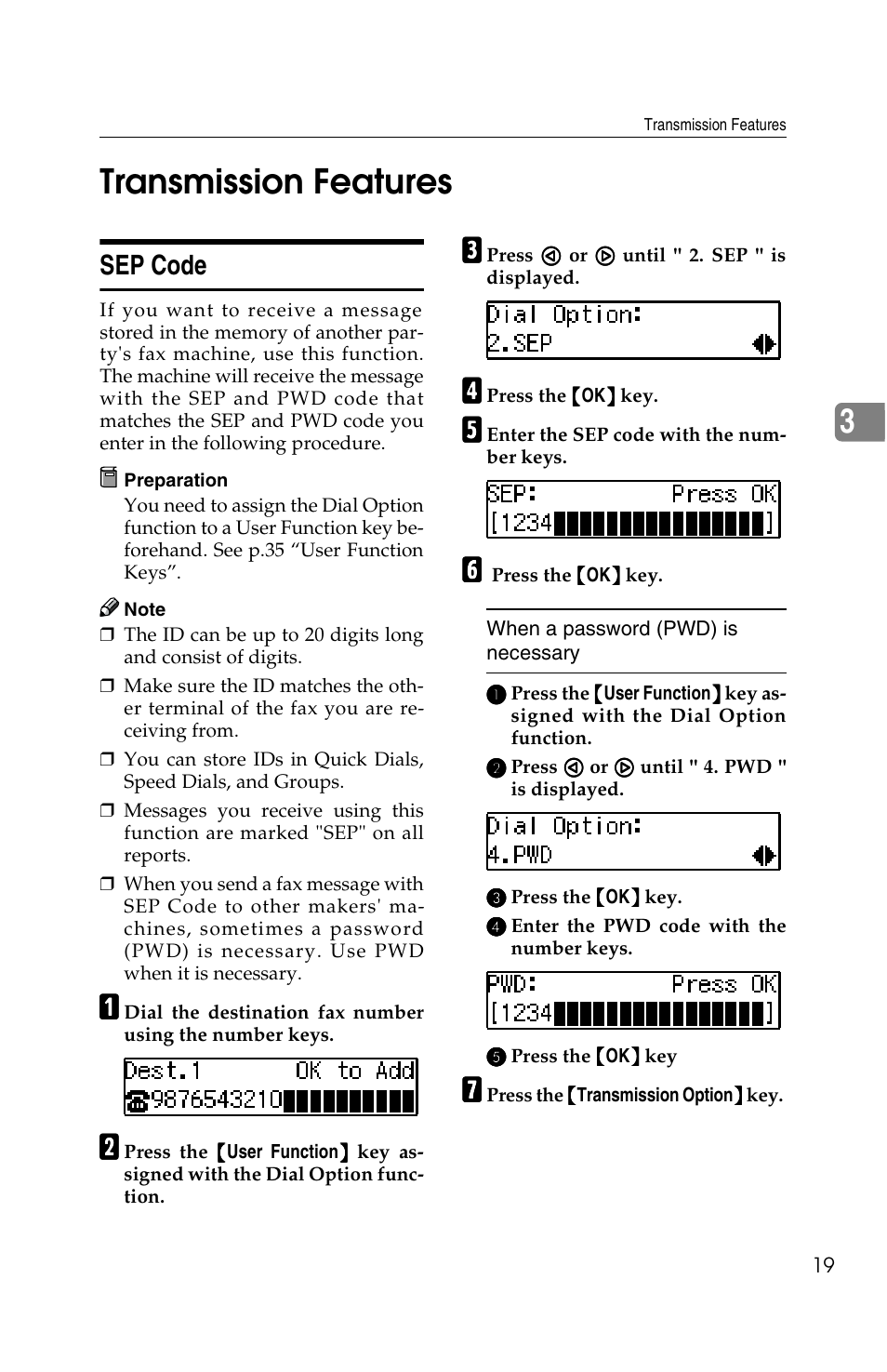 3transmission features, Sep code | Savin G1619 User Manual | Page 107 / 176