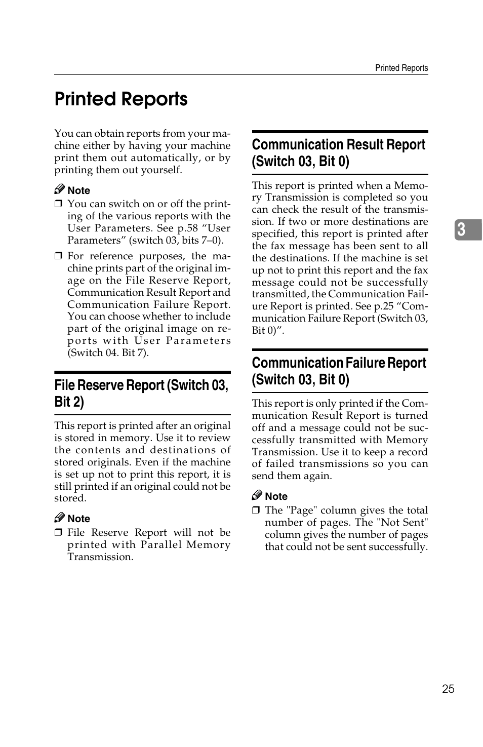 3printed reports, File reserve report (switch 03, bit 2), Communication result report (switch 03, bit 0) | Communication failure report (switch 03, bit 0) | Savin G1619 User Manual | Page 113 / 176