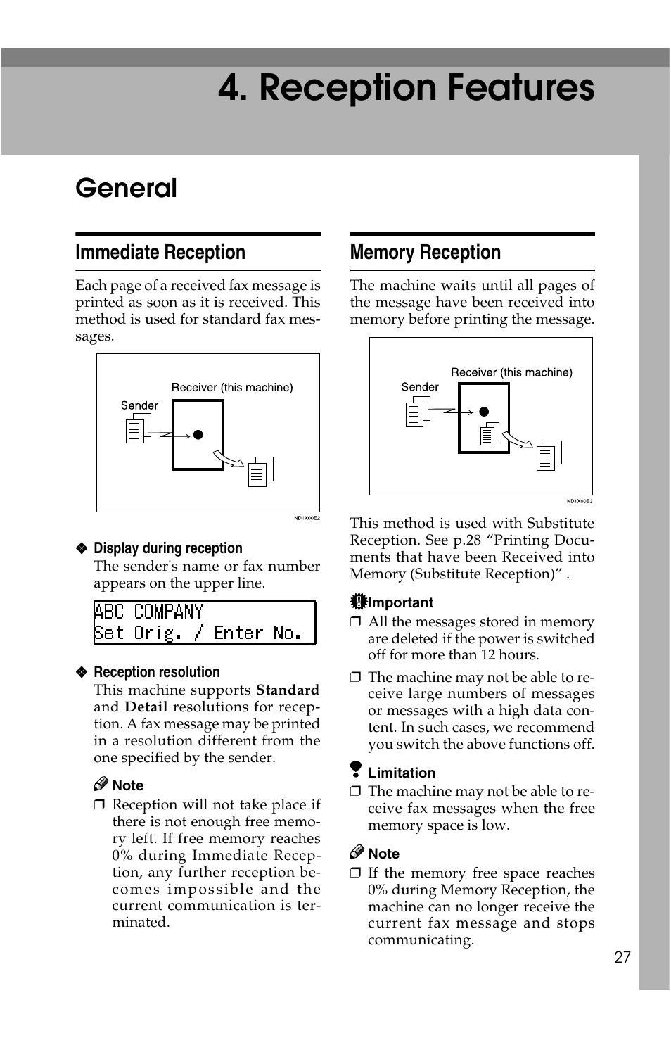 Reception features, General, Immediate reception | Savin G1619 User Manual | Page 115 / 176