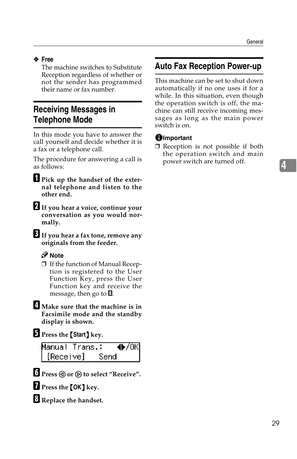 Receiving messages in telephone mode, Auto fax reception power-up | Savin G1619 User Manual | Page 117 / 176