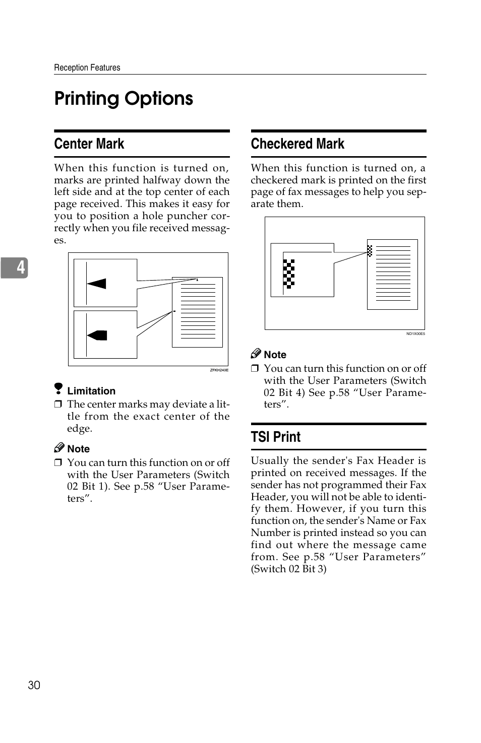 4printing options, Center mark, Checkered mark | Tsi print | Savin G1619 User Manual | Page 118 / 176