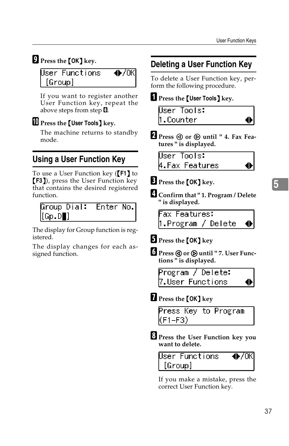 Using a user function key, Deleting a user function key | Savin G1619 User Manual | Page 125 / 176