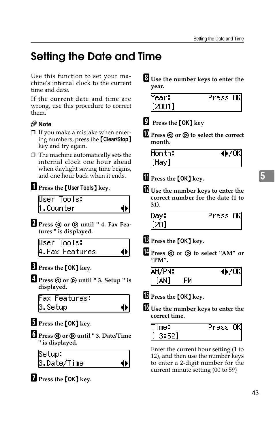 5setting the date and time | Savin G1619 User Manual | Page 131 / 176