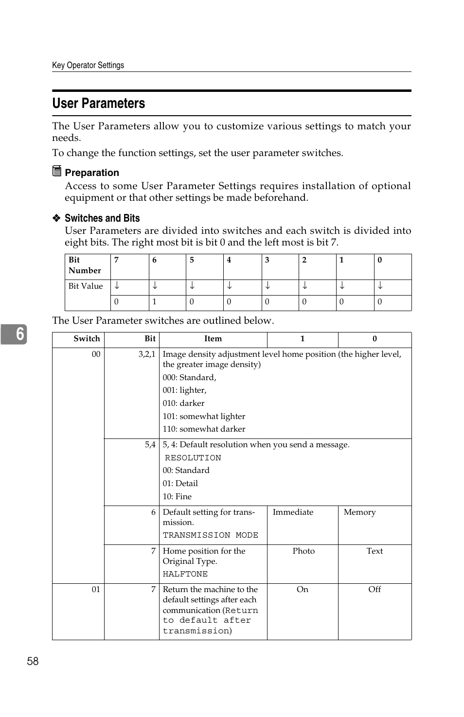 User parameters, Switches and bits | Savin G1619 User Manual | Page 146 / 176