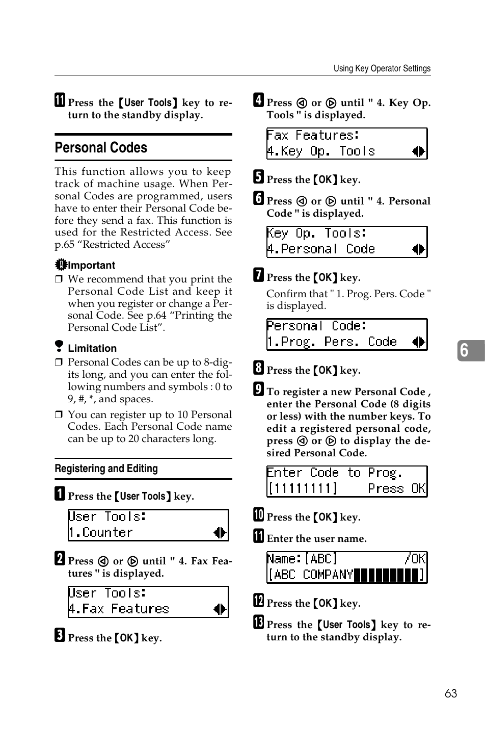 Personal codes | Savin G1619 User Manual | Page 151 / 176