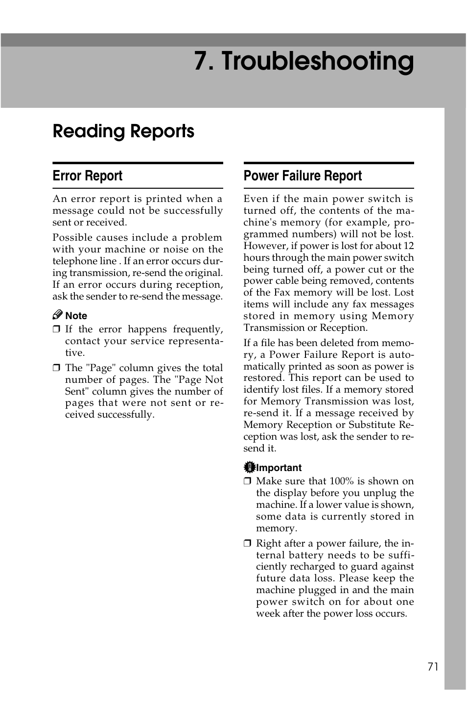 Troubleshooting, Reading reports, Error report | Power failure report | Savin G1619 User Manual | Page 159 / 176