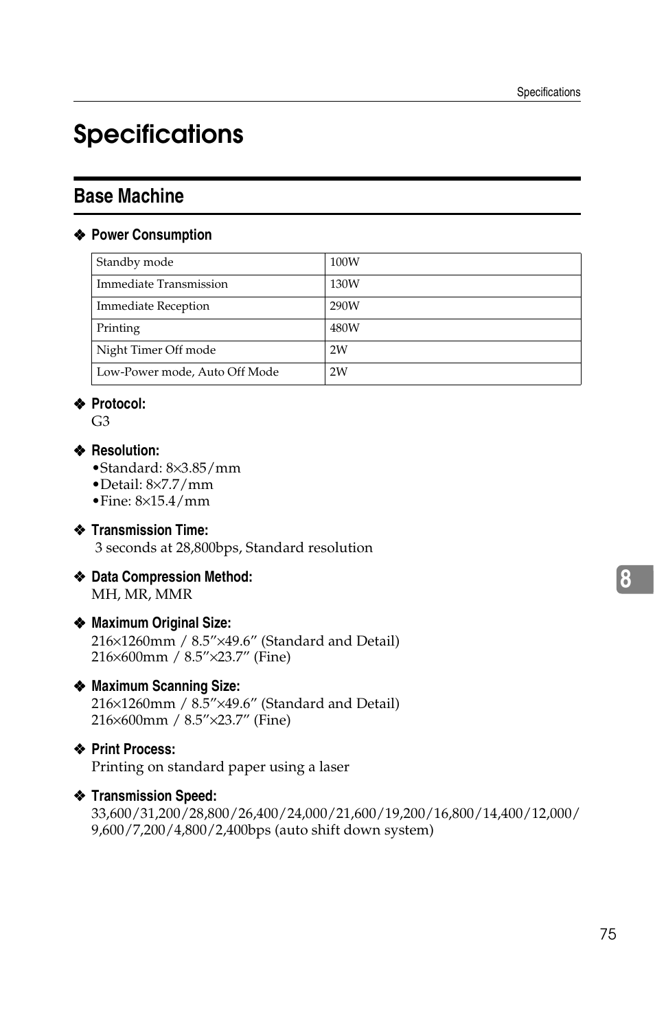 8specifications, Base machine | Savin G1619 User Manual | Page 163 / 176