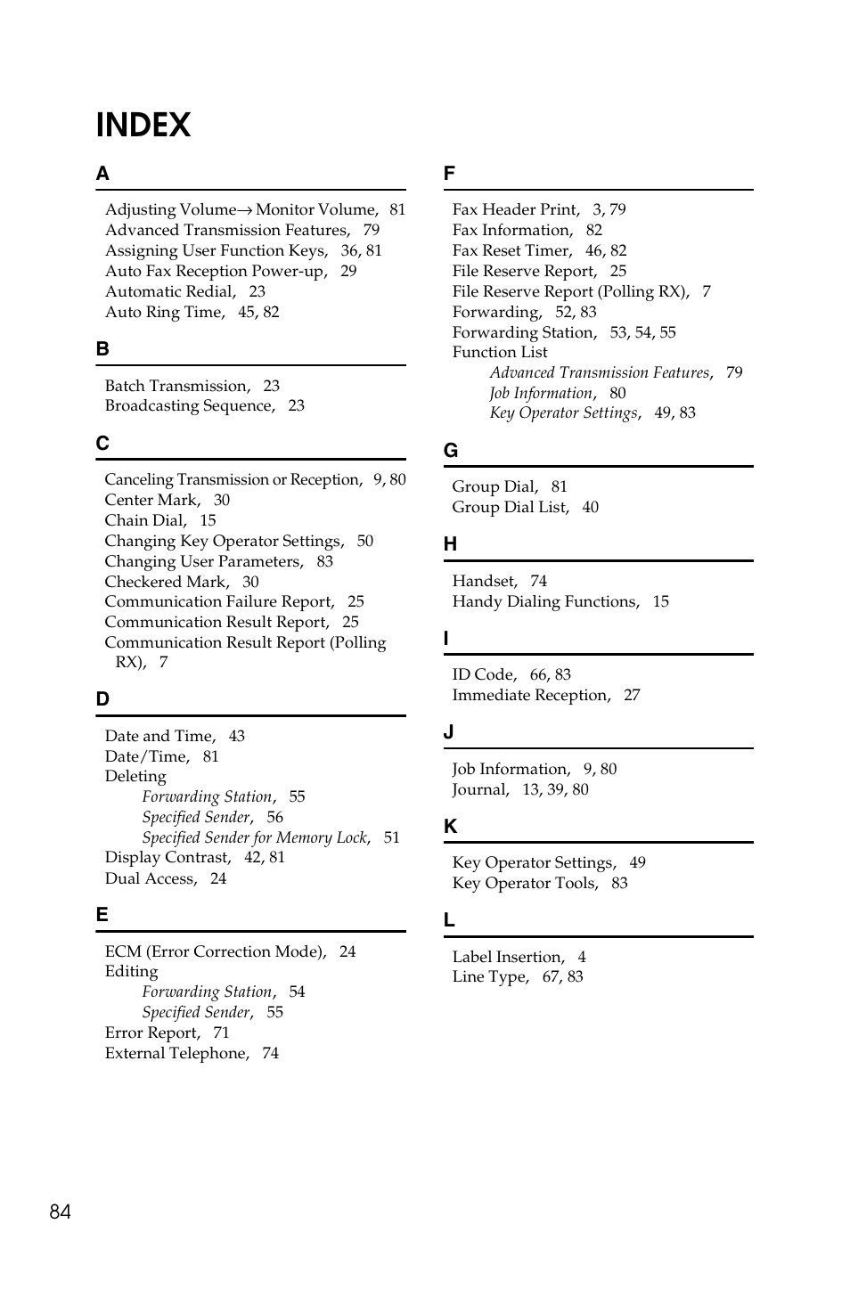 Index | Savin G1619 User Manual | Page 172 / 176