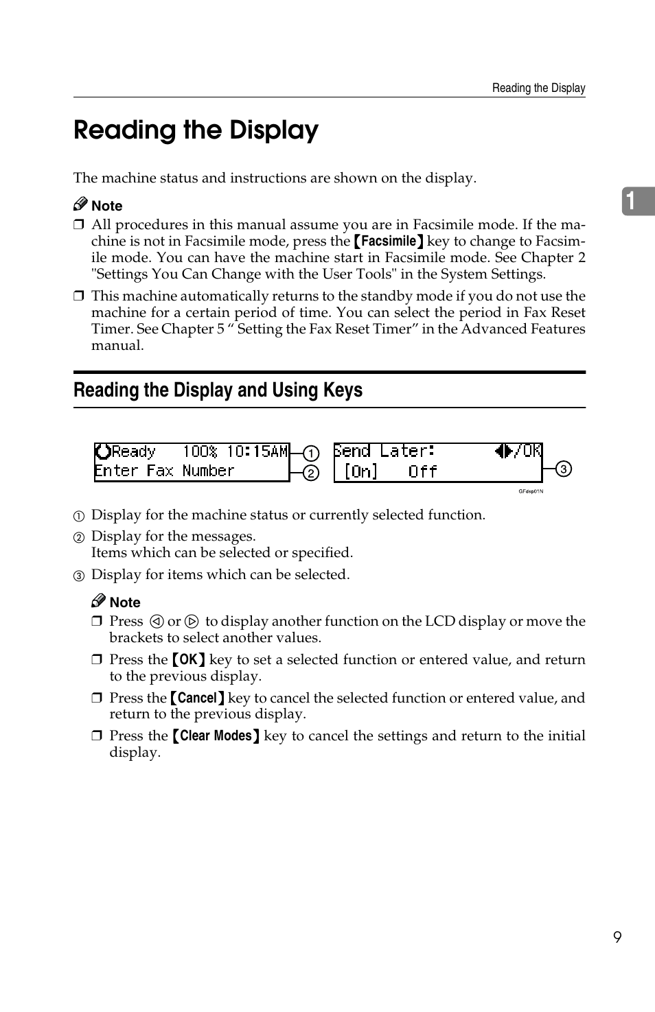 1reading the display, Reading the display and using keys | Savin G1619 User Manual | Page 19 / 176