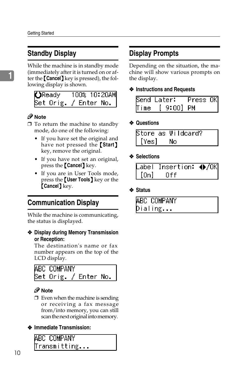 Standby display, Communication display, Display prompts | Savin G1619 User Manual | Page 20 / 176