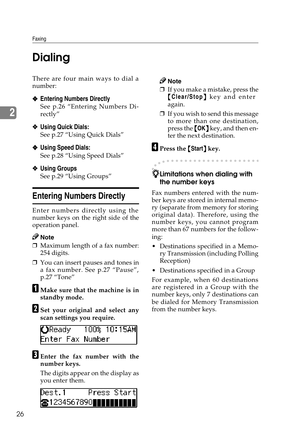 2dialing, Entering numbers directly | Savin G1619 User Manual | Page 36 / 176