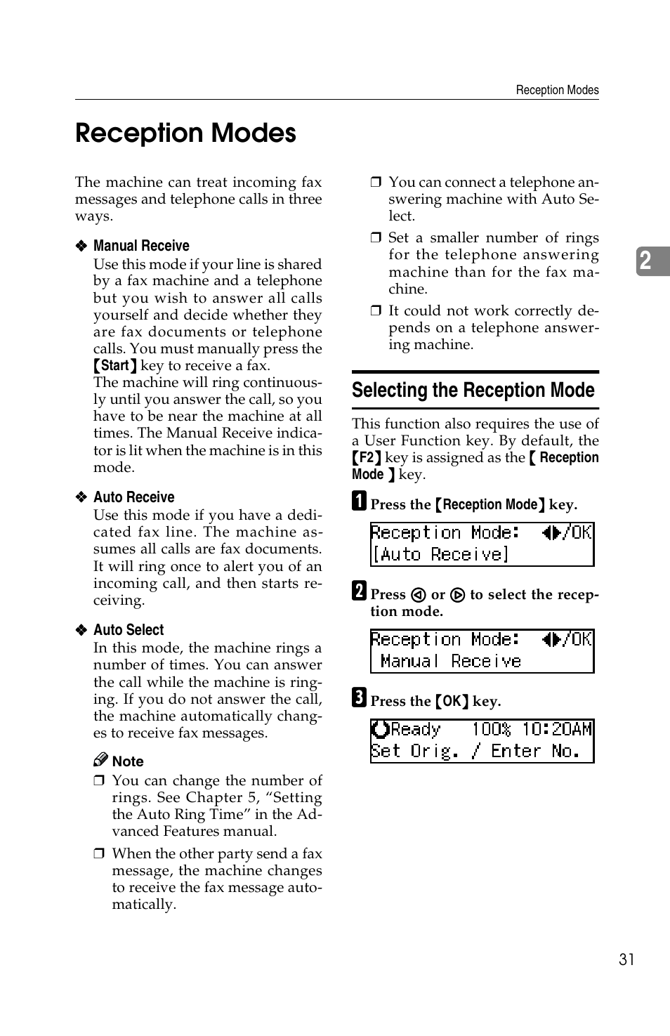 2reception modes, Selecting the reception mode | Savin G1619 User Manual | Page 41 / 176