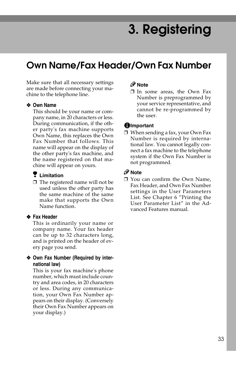 Registering, Own name/fax header/own fax number | Savin G1619 User Manual | Page 43 / 176