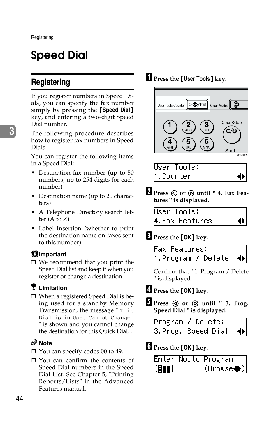 3speed dial, Registering | Savin G1619 User Manual | Page 54 / 176