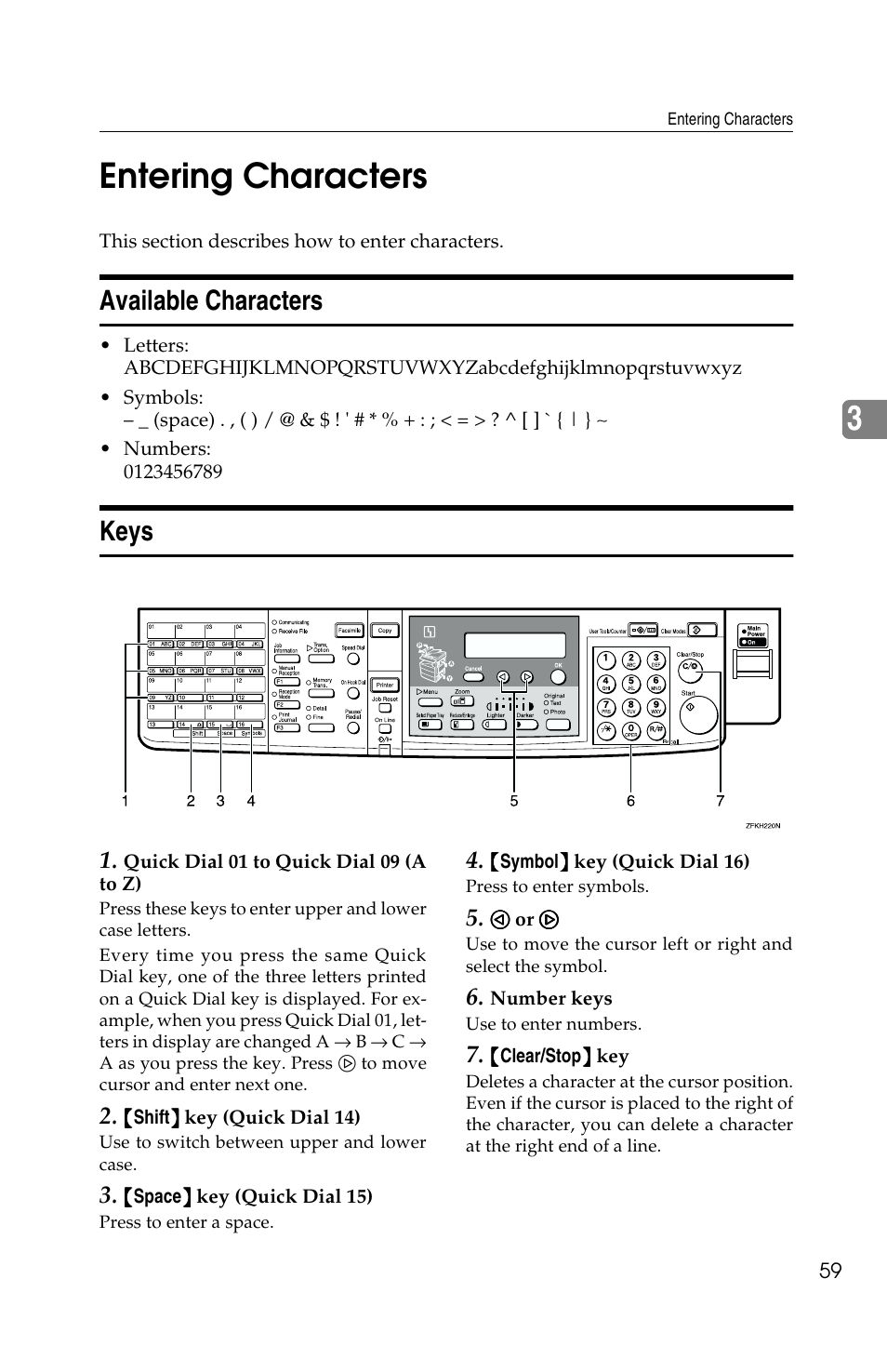 3entering characters, Available characters, Keys | Savin G1619 User Manual | Page 69 / 176