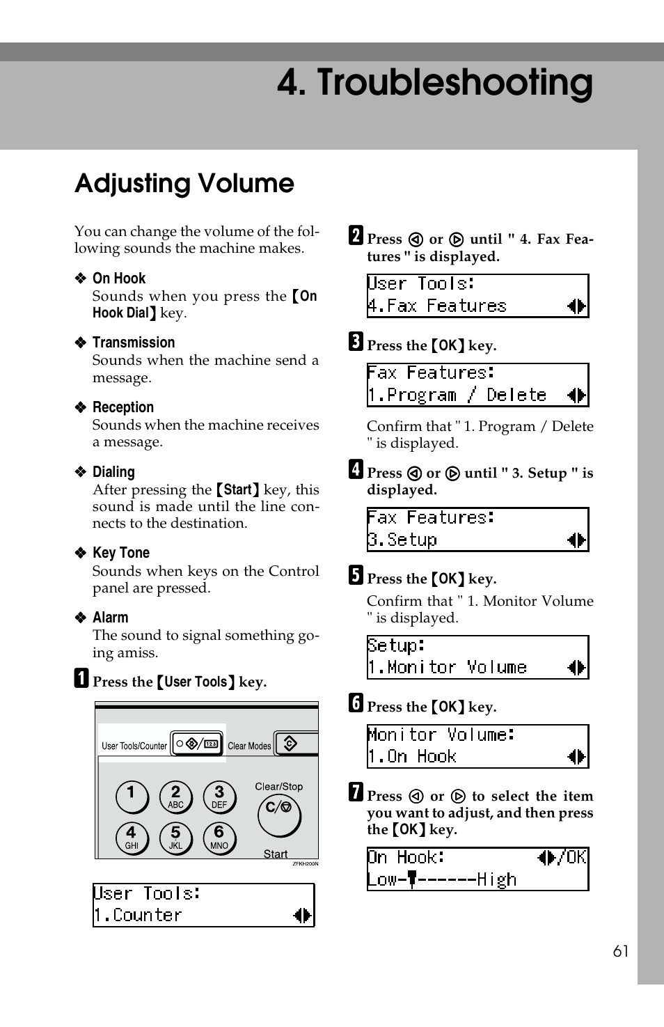 Troubleshooting, Adjusting volume | Savin G1619 User Manual | Page 71 / 176