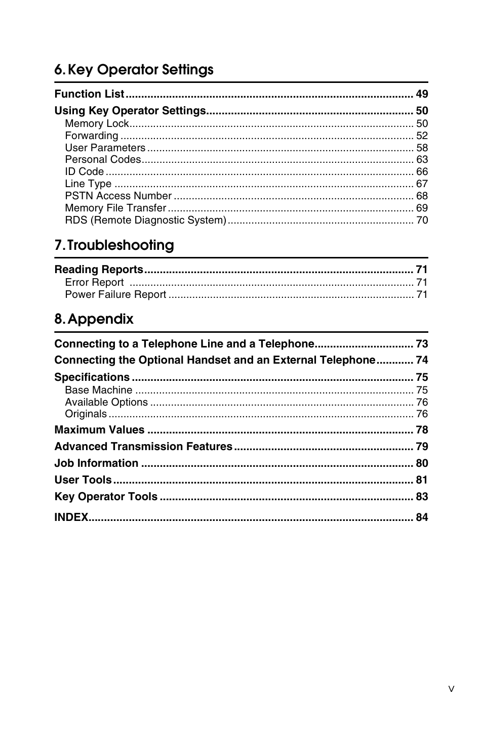 Key operator settings, Troubleshooting, Appendix | Savin G1619 User Manual | Page 87 / 176