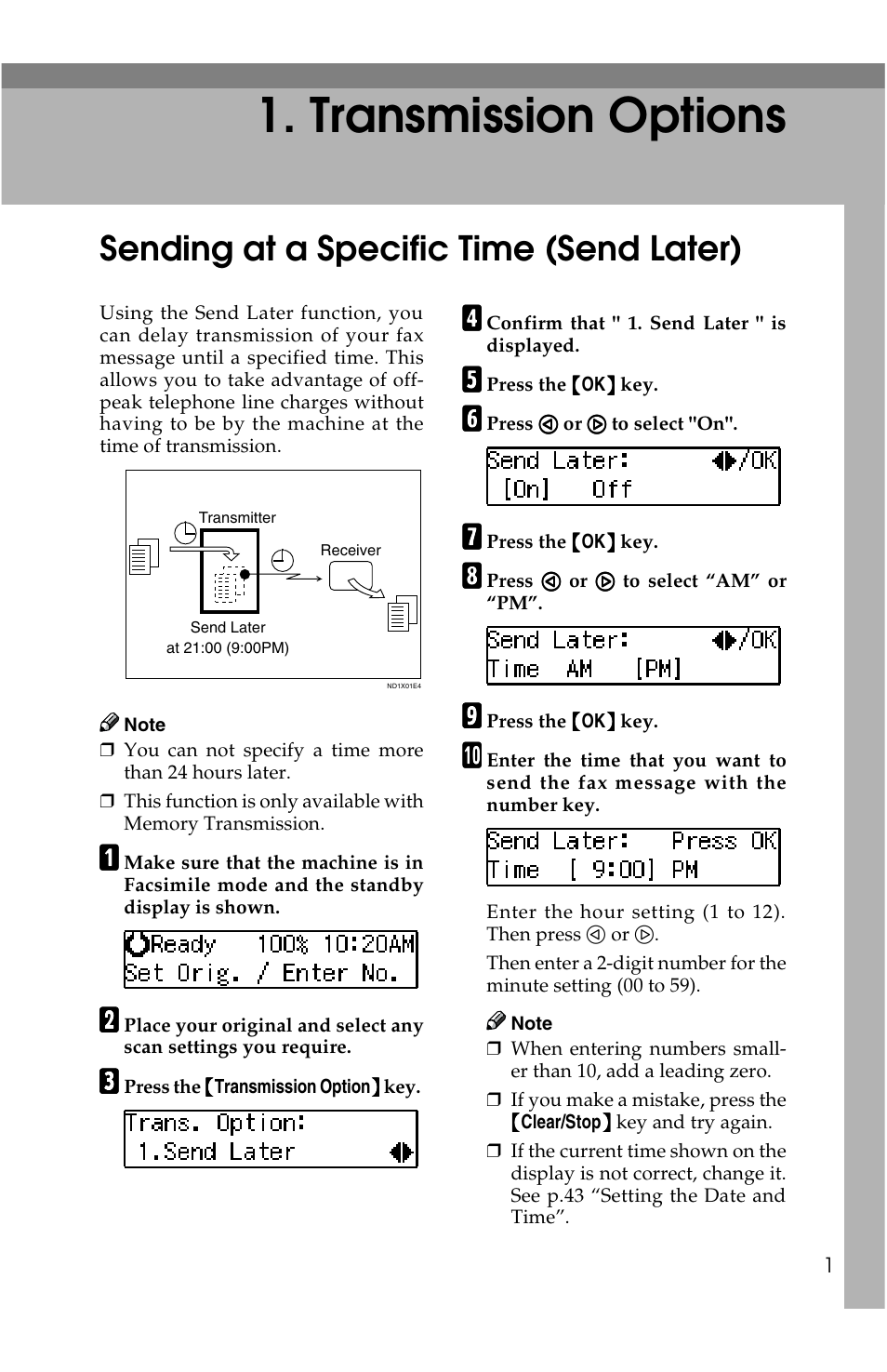 Transmission options, Sending at a specific time (send later) | Savin G1619 User Manual | Page 89 / 176