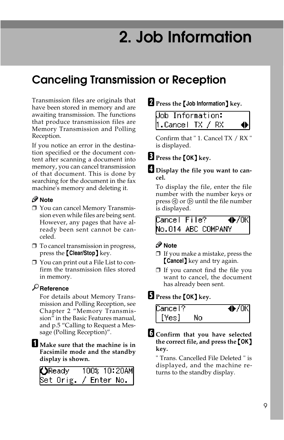 Job information, Canceling transmission or reception | Savin G1619 User Manual | Page 97 / 176