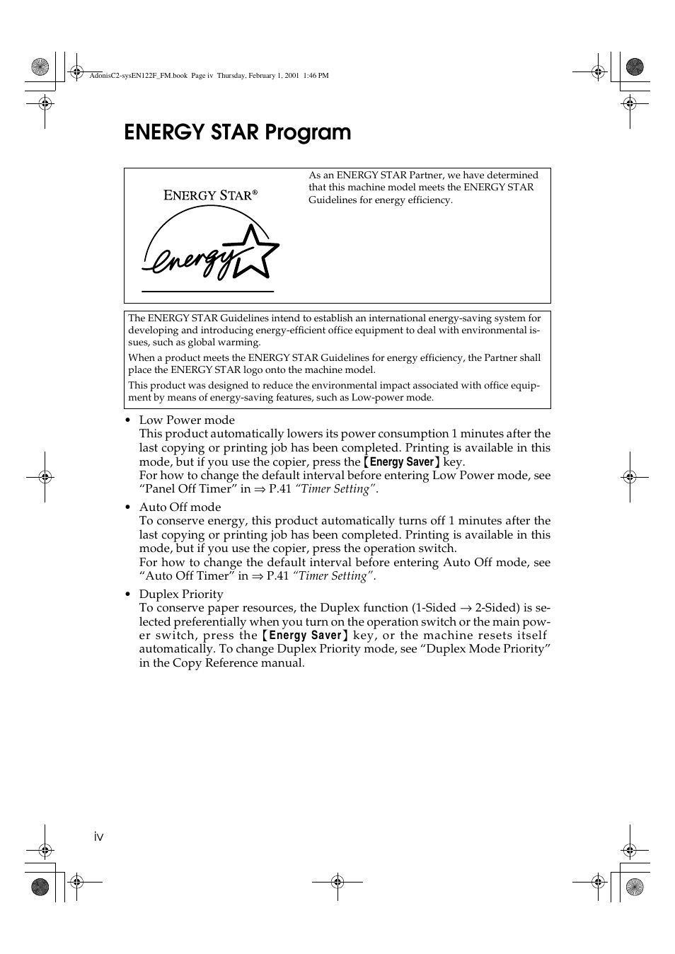 Energy star program | Savin 2535P User Manual | Page 7 / 79