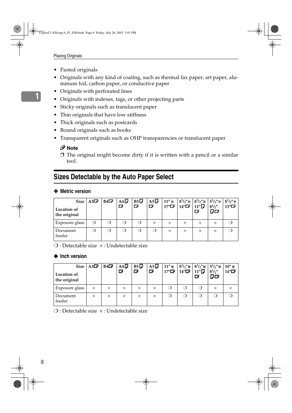 Sizes detectable by the auto paper select | Savin C3210 User Manual | Page 18 / 132