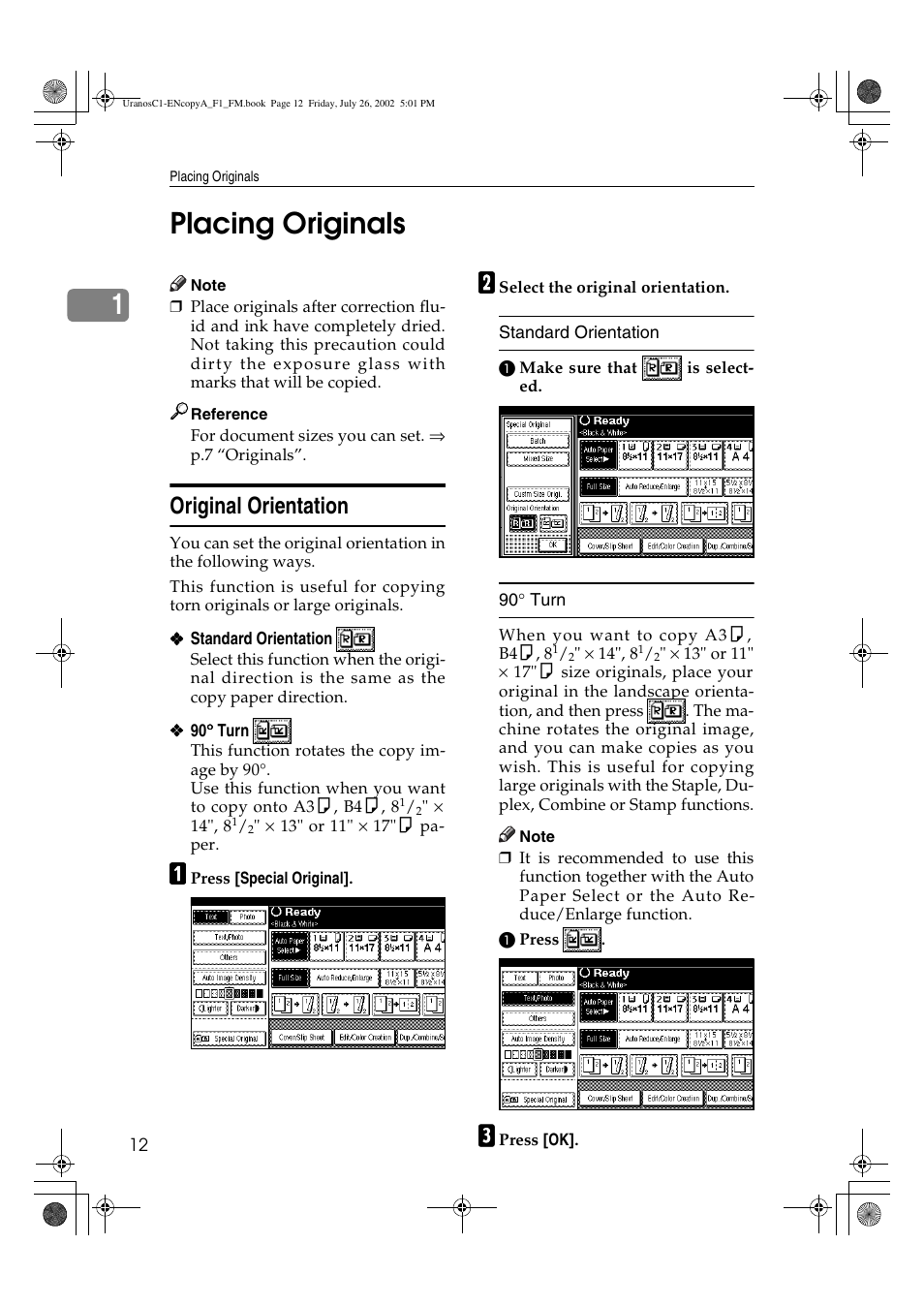 1placing originals, Original orientation | Savin C3210 User Manual | Page 22 / 132
