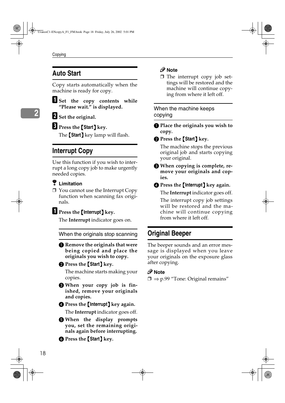 Auto start, Interrupt copy, Original beeper | Savin C3210 User Manual | Page 28 / 132