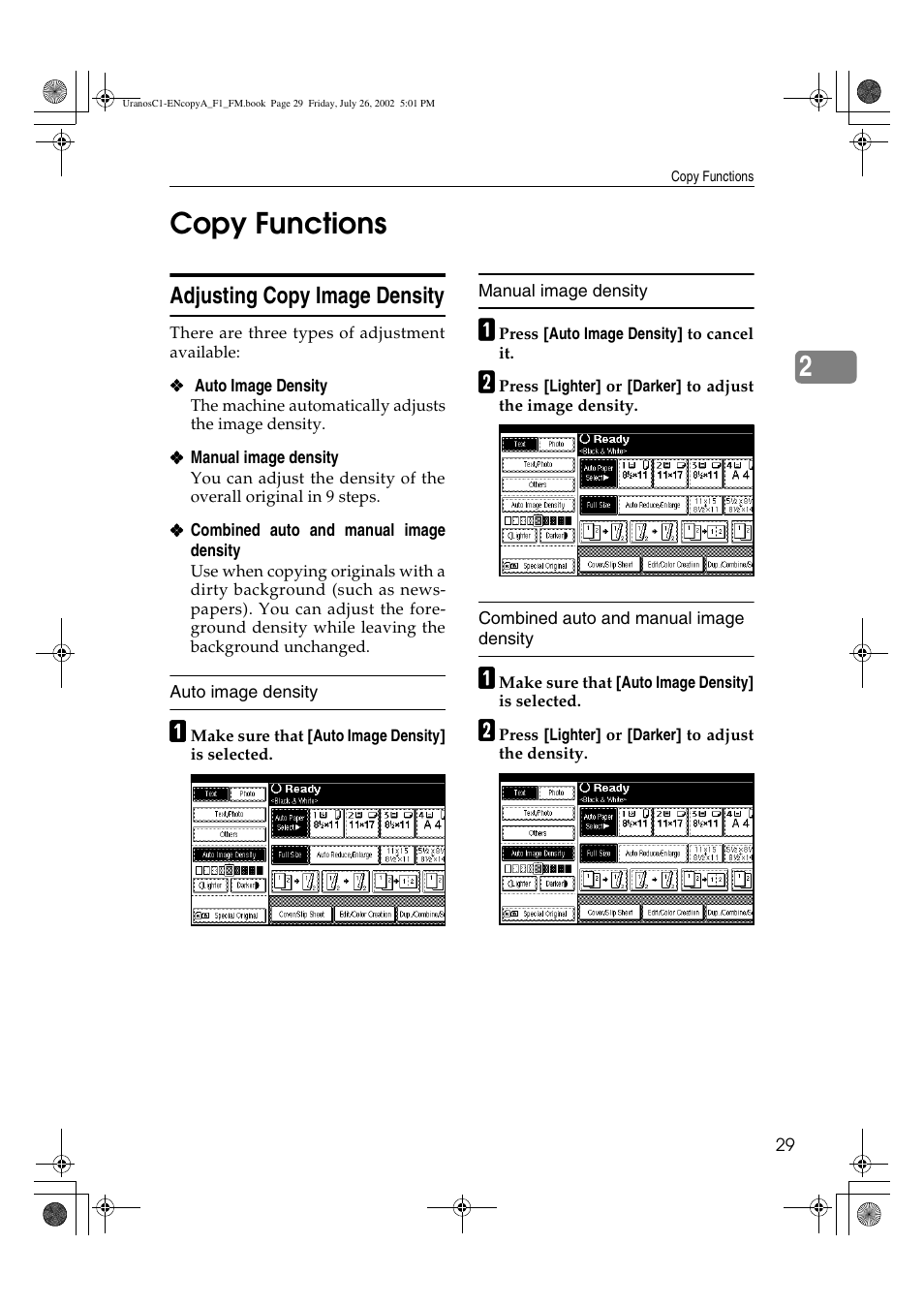 2copy functions, Adjusting copy image density | Savin C3210 User Manual | Page 39 / 132