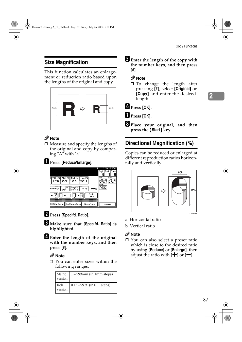 Size magnification, Directional magnification (%) | Savin C3210 User Manual | Page 47 / 132