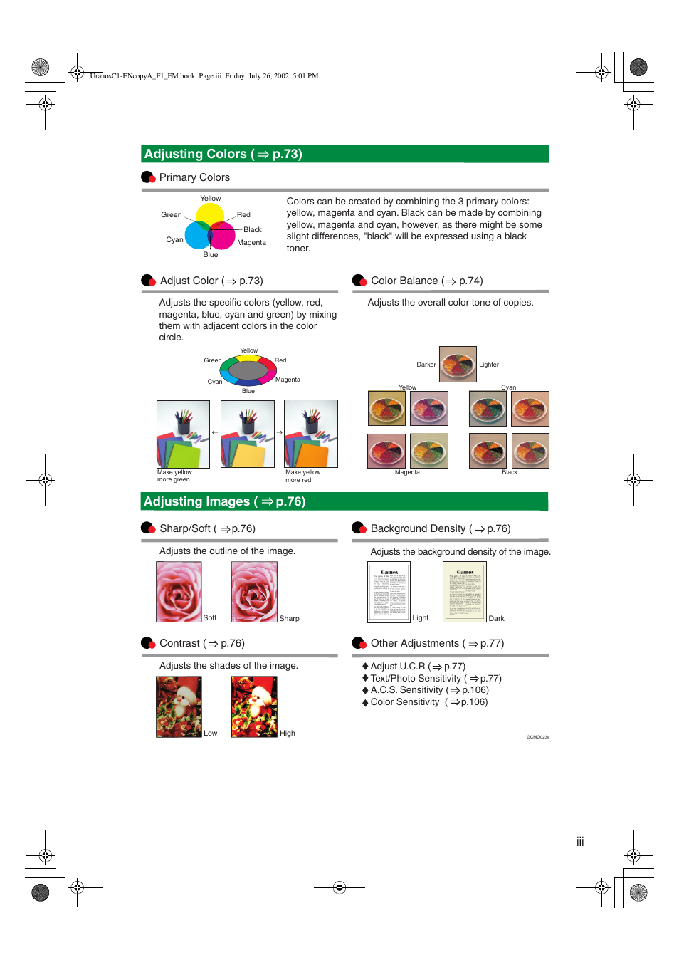 Adjusting colors ( p.73), Adjusting images ( p.76) | Savin C3210 User Manual | Page 5 / 132