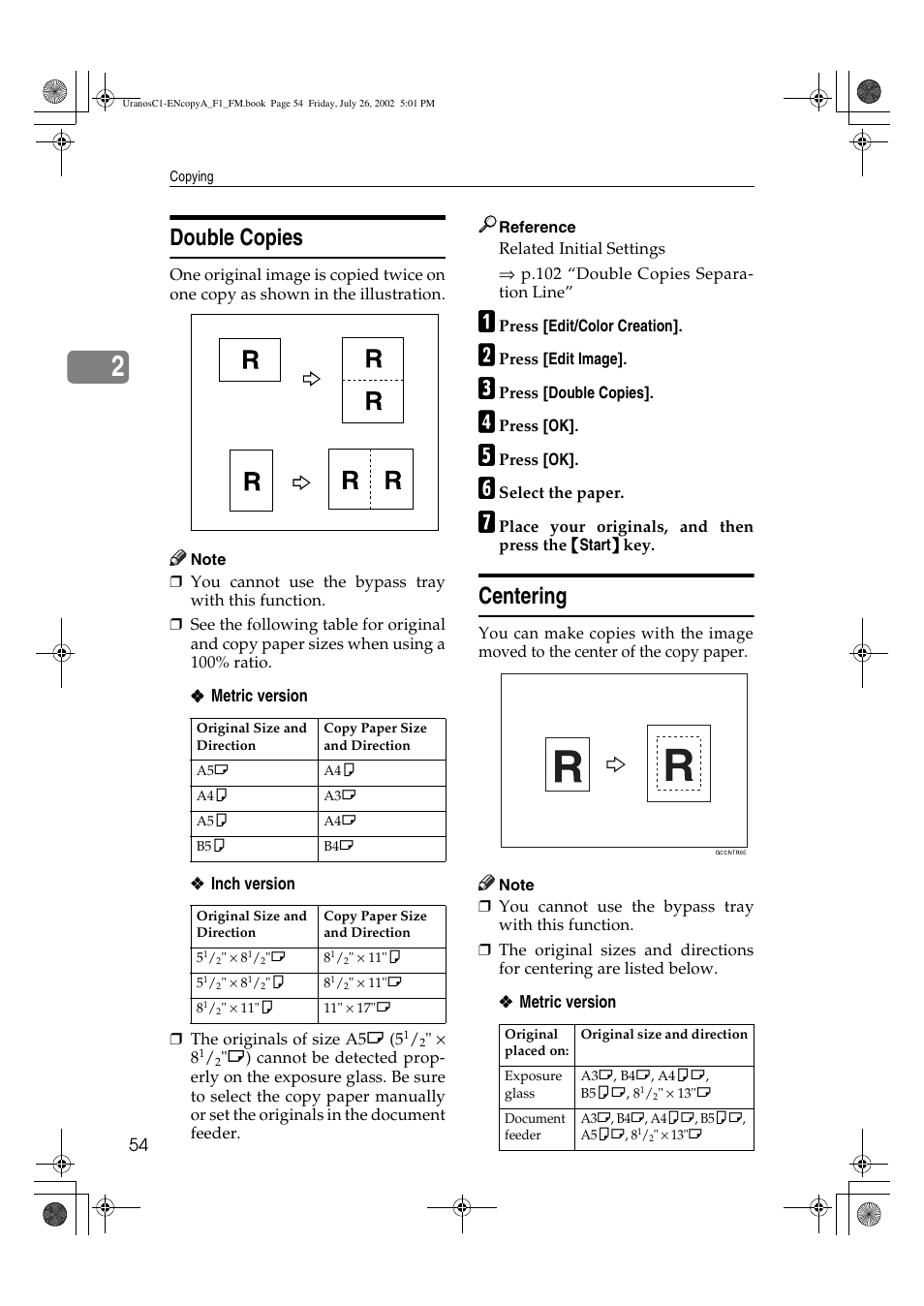 Double copies, Centering | Savin C3210 User Manual | Page 64 / 132