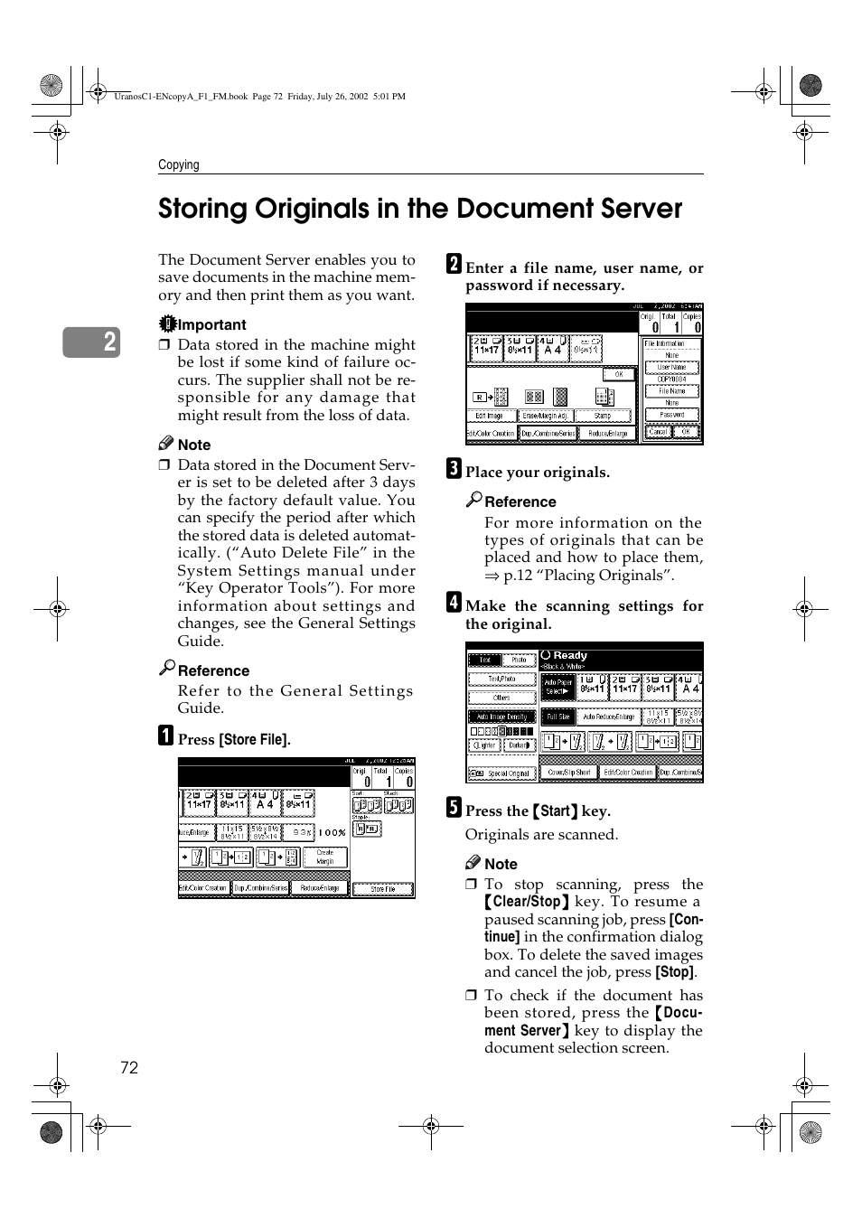 2storing originals in the document server | Savin C3210 User Manual | Page 82 / 132