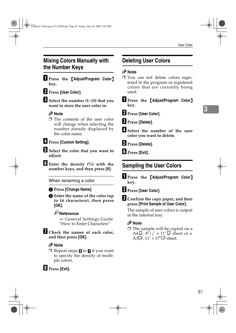 Mixing colors manually with the number keys, Deleting user colors, Sampling the user colors | Savin C3210 User Manual | Page 91 / 132