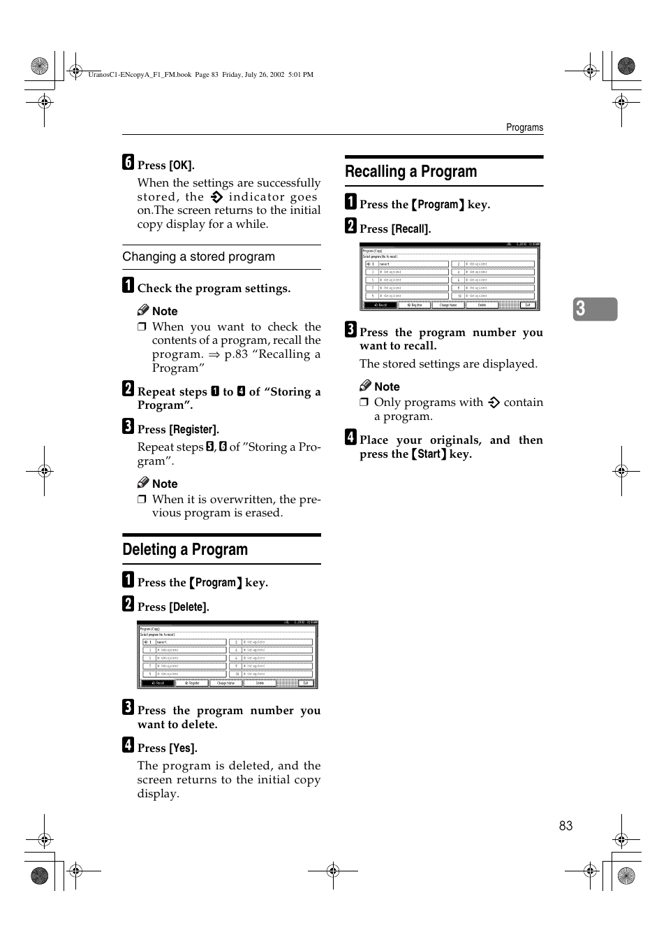 Deleting a program, Recalling a program | Savin C3210 User Manual | Page 93 / 132