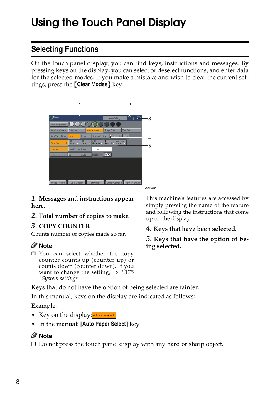 Using the touch panel display, Selecting functions | Savin Copier SDC326 User Manual | Page 18 / 112