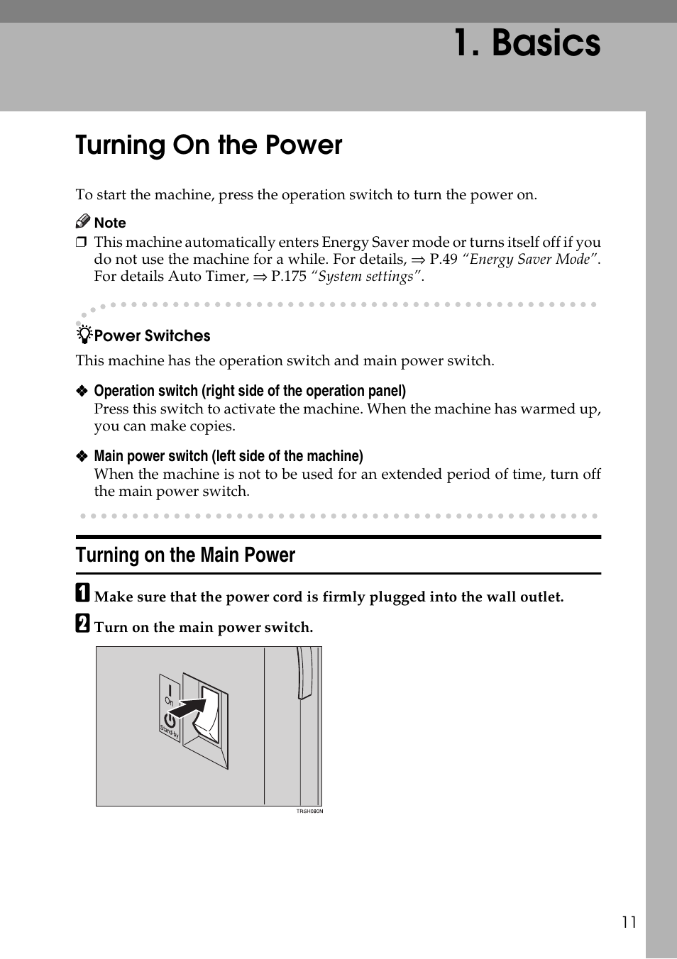 Basics, Turning on the power, Turning on the main power | Savin Copier SDC326 User Manual | Page 21 / 112