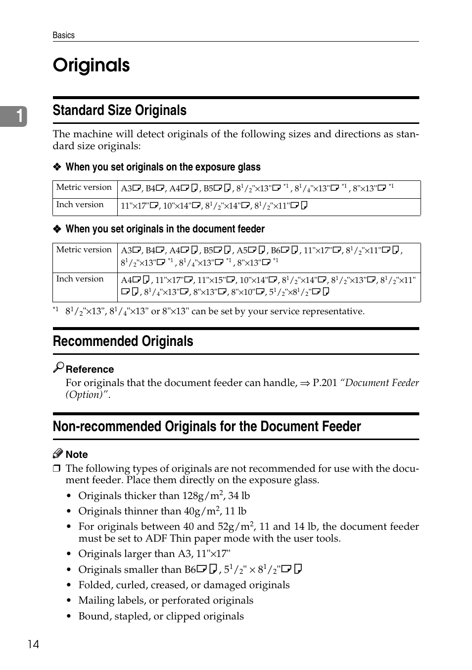 1originals, Standard size originals, Recommended originals | Non-recommended originals for the document feeder | Savin Copier SDC326 User Manual | Page 24 / 112