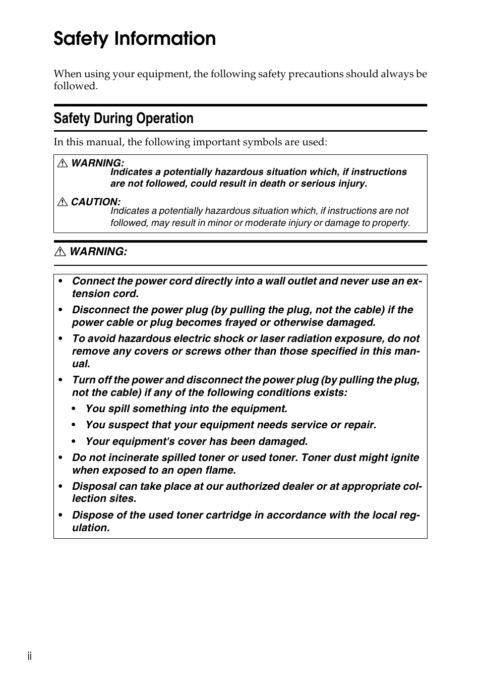 Safety information, Safety during operation | Savin Copier SDC326 User Manual | Page 5 / 112
