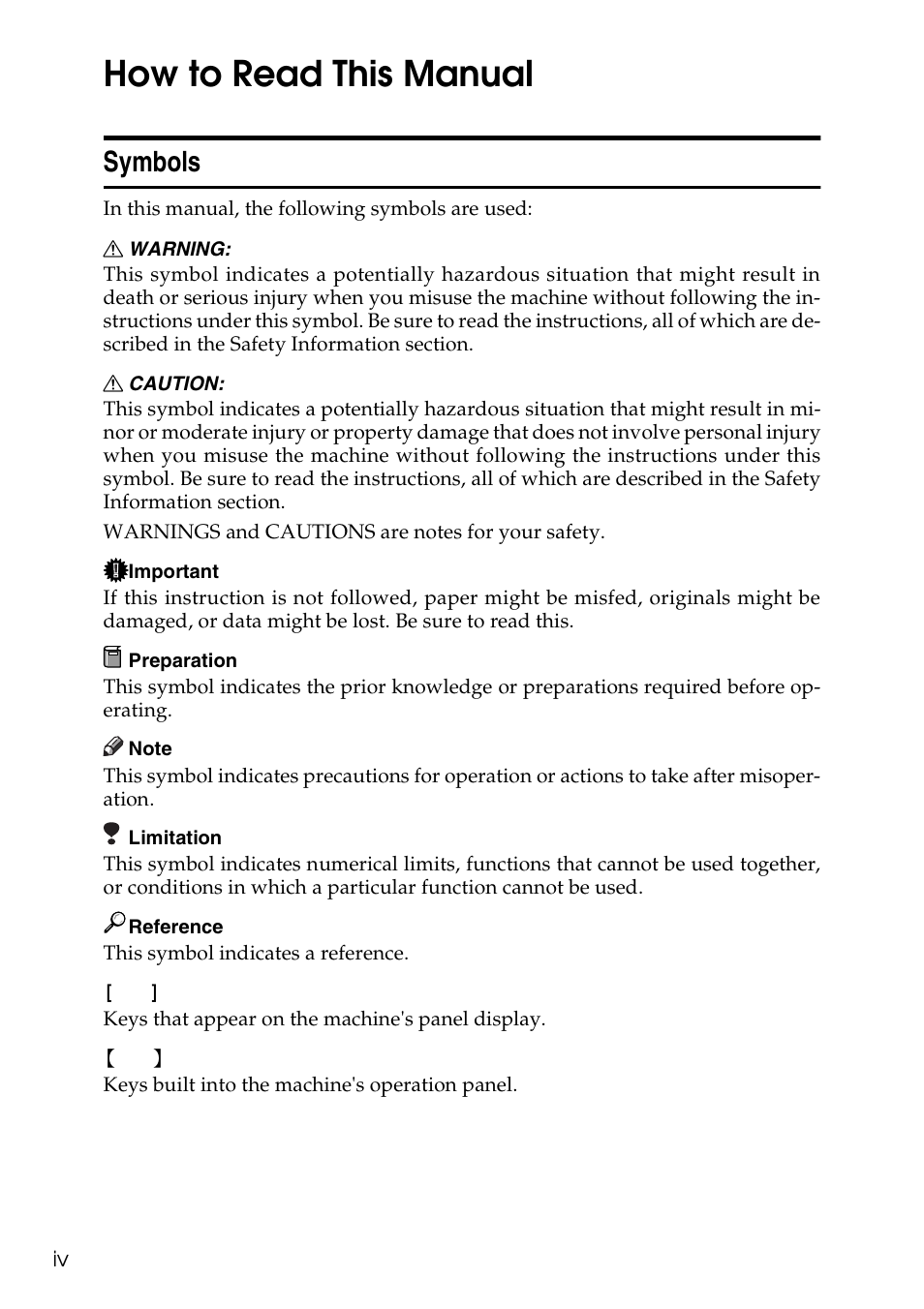 How to read this manual, Symbols | Savin Copier SDC326 User Manual | Page 7 / 112