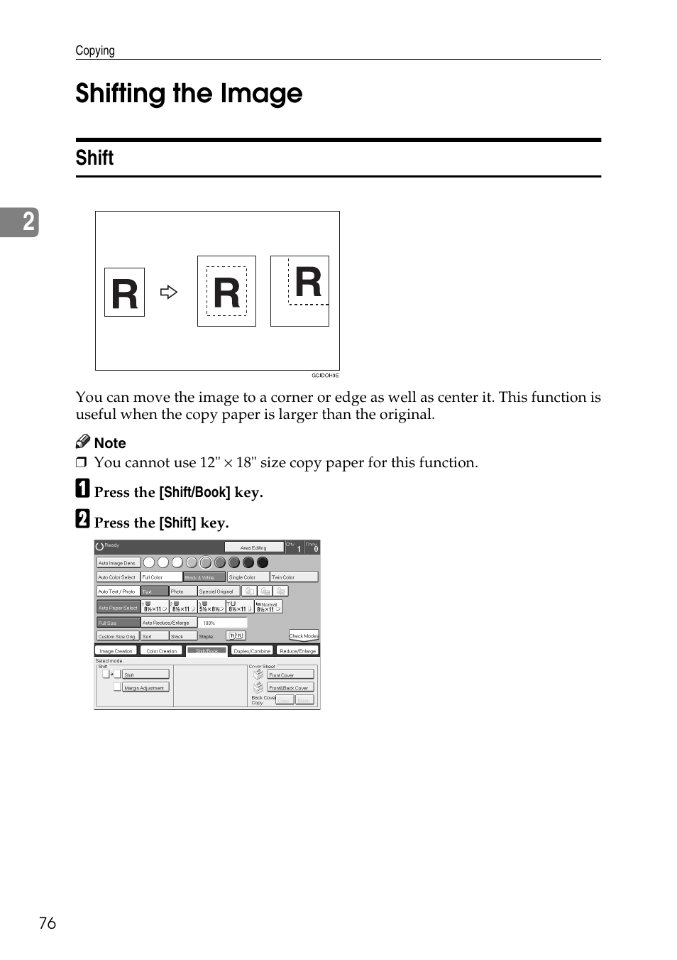 2shifting the image, Shift | Savin Copier SDC326 User Manual | Page 86 / 112