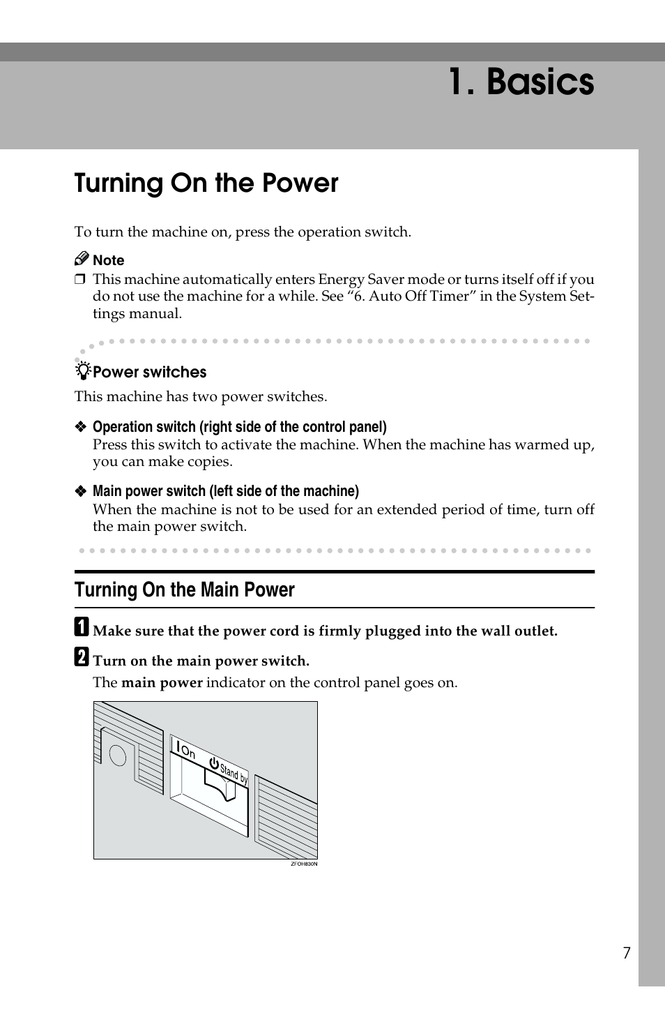 Basics, Turning on the power, Turning on the main power | Savin 2513f User Manual | Page 20 / 89