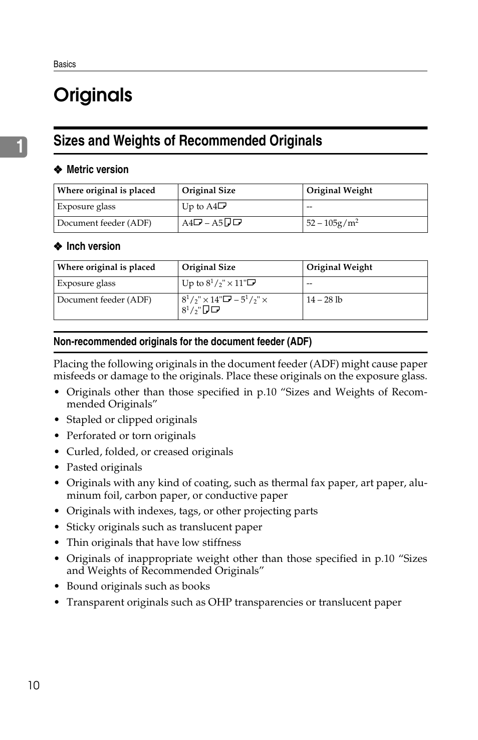 1originals, Sizes and weights of recommended originals | Savin 2513f User Manual | Page 23 / 89