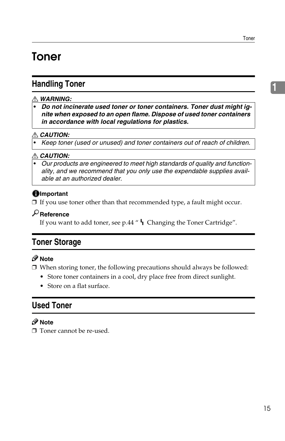 1toner, Handling toner, Toner storage | Used toner | Savin 2513f User Manual | Page 28 / 89