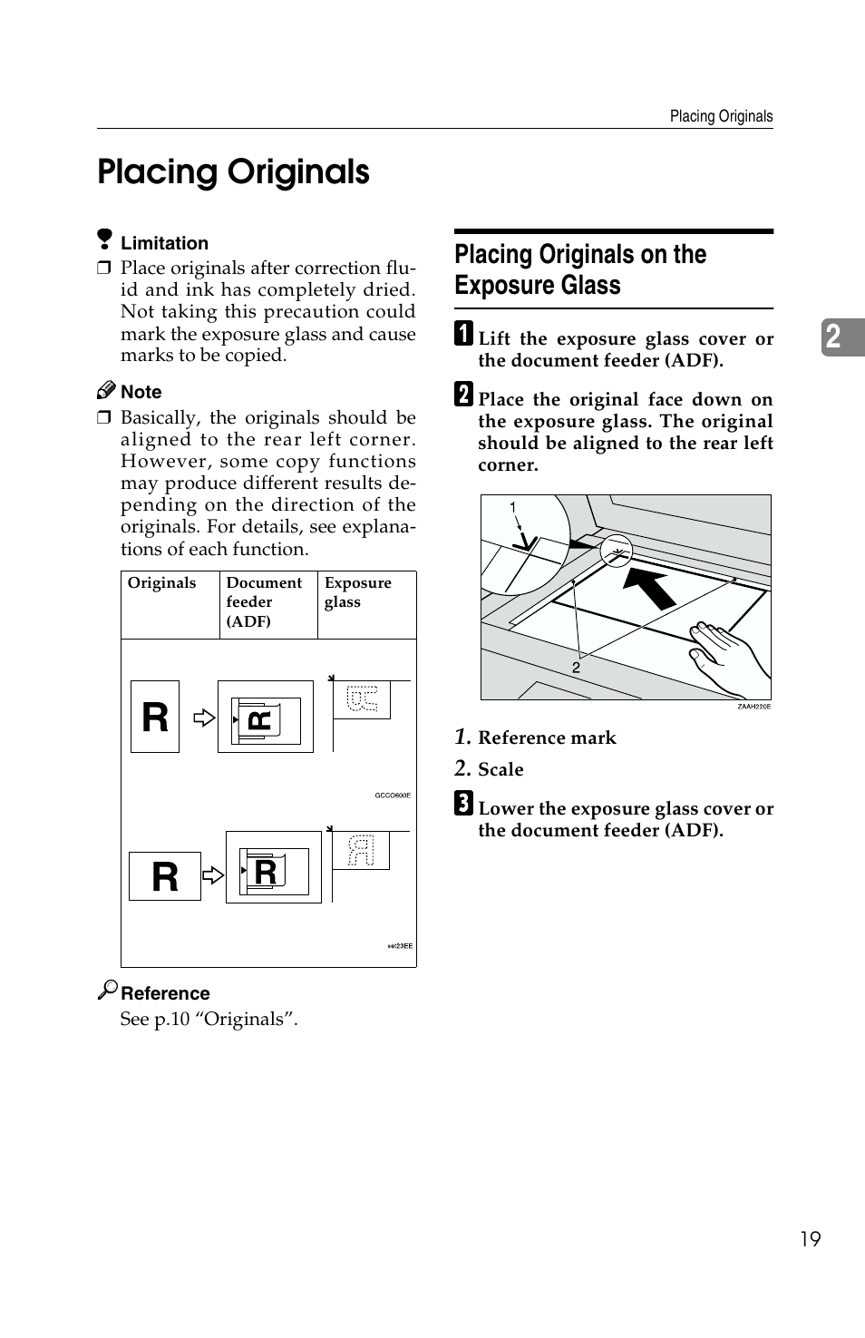 2placing originals, Placing originals on the exposure glass | Savin 2513f User Manual | Page 32 / 89