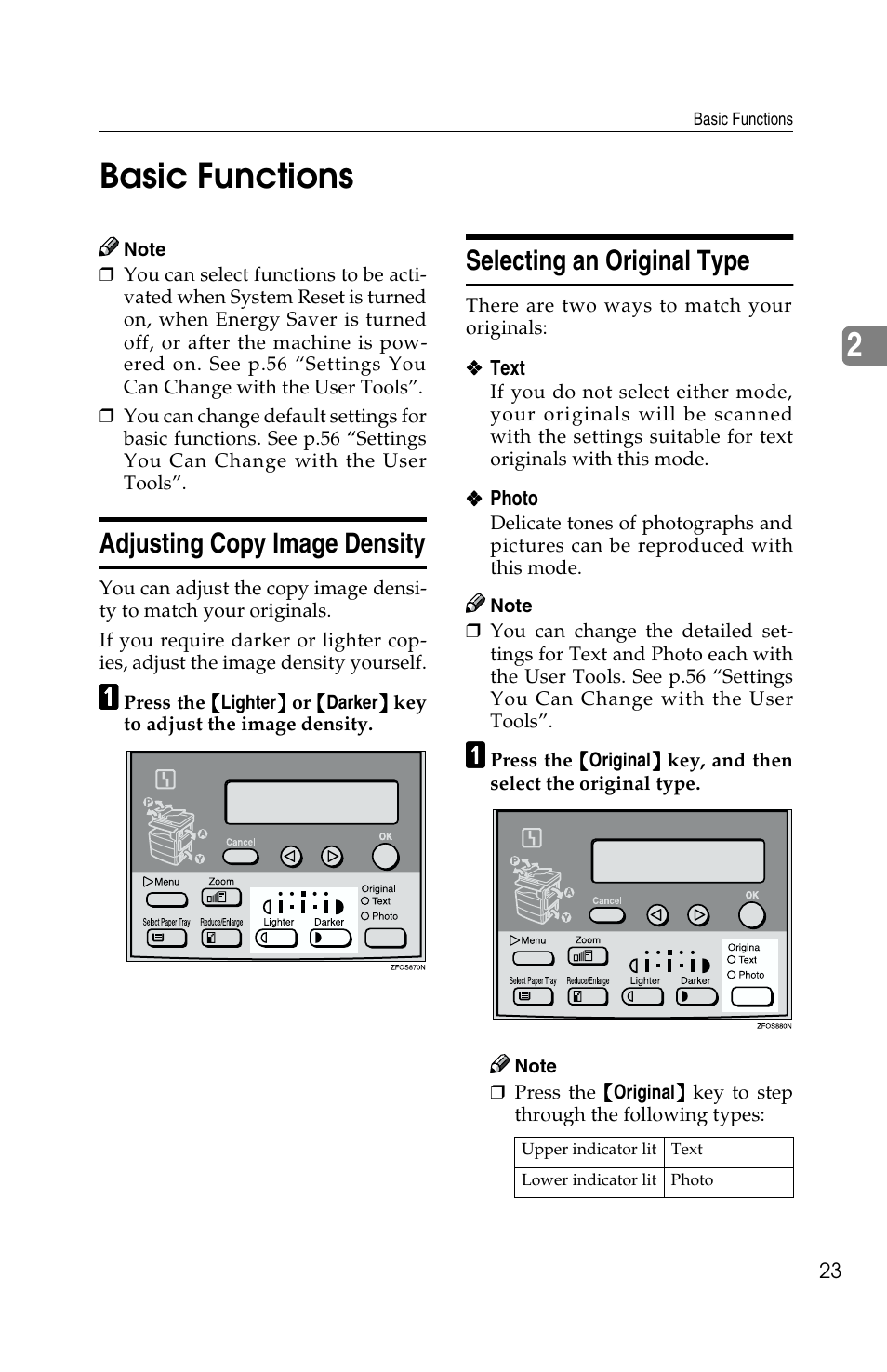 2basic functions, Adjusting copy image density, Selecting an original type | Savin 2513f User Manual | Page 36 / 89