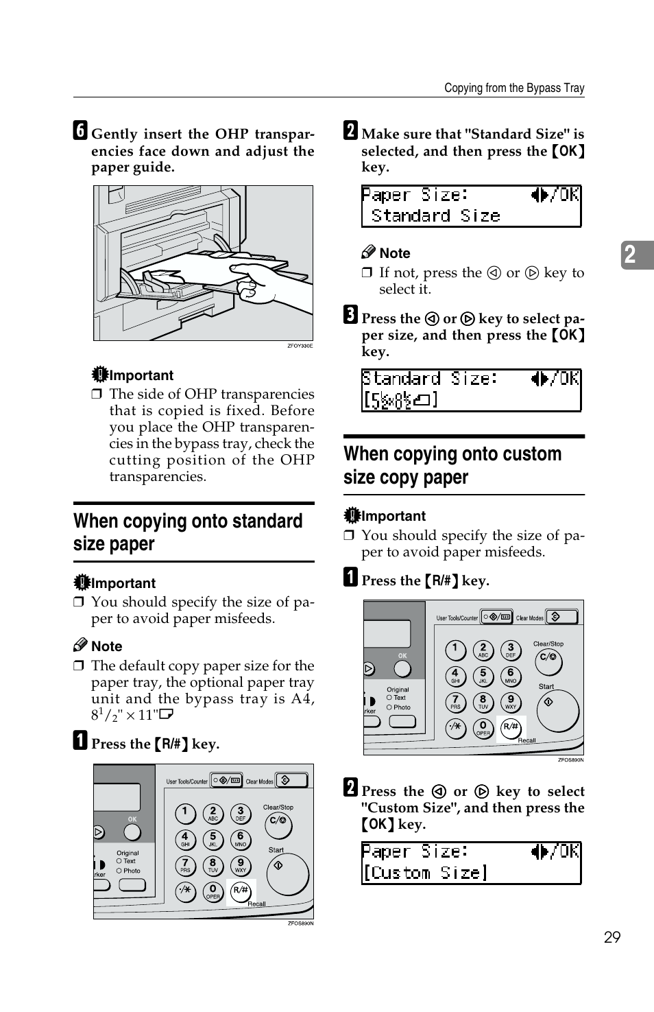 When copying onto standard size paper, When copying onto custom size copy paper | Savin 2513f User Manual | Page 42 / 89