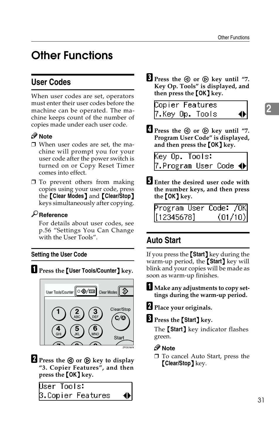 2other functions, User codes, Auto start | Savin 2513f User Manual | Page 44 / 89